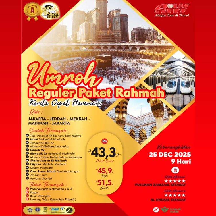 UMROH REGULER KERETA CEPAT PAKET RAHMAH 9 HARI DESEMBER 2025