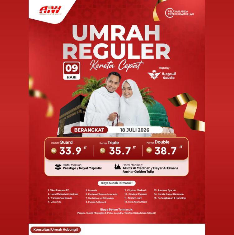 UMROH REGULER KERETA CEPAT 33,9 JUTA ALL IN 9 HARI JULI 2026,