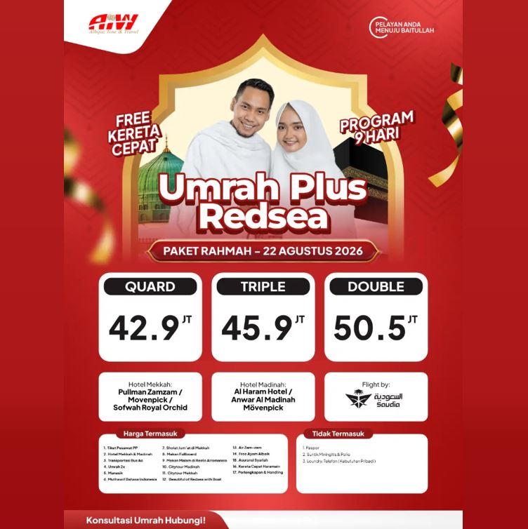 UMROH REGULER REDSEA KERETA CEPAT 42,9 JUTA ALL IN 9 HARI AGUSTUS 2026